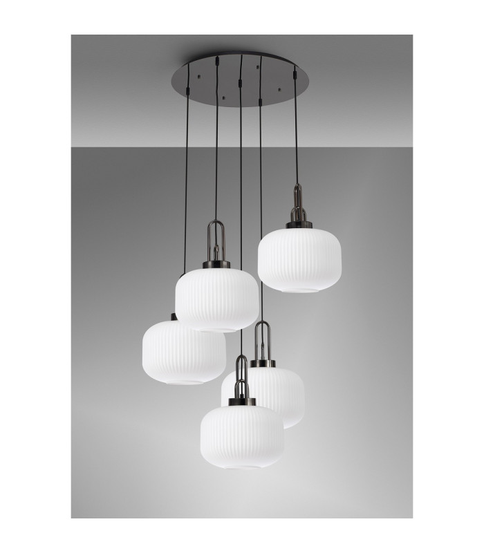Yorktown 75cm 2.5m Round Pendant 5 x E27 Black Chrome/Matt Black 30cm Pumpkin Shaped Ribbed Opal Glass-10