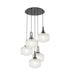 Yorktown 75cm 2.5m Round Pendant 5 x E27 Black Chrome/Matt Black 30cm Pumpkin Shaped Ribbed Clear Glass-1