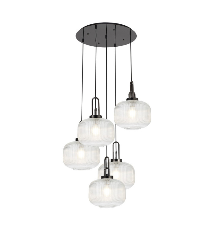 Yorktown 75cm 2.5m Round Pendant 5 x E27 Black Chrome/Matt Black 30cm Pumpkin Shaped Ribbed Clear Glass-1