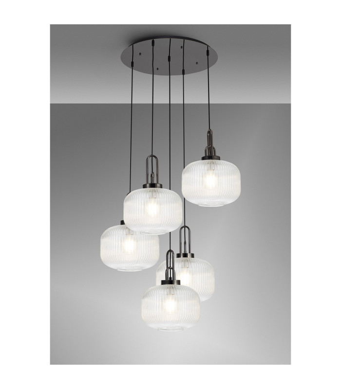 Yorktown 75cm 2.5m Round Pendant 5 x E27 Black Chrome/Matt Black 30cm Pumpkin Shaped Ribbed Clear Glass-3