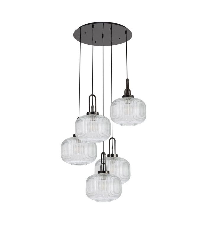 Yorktown 75cm 2.5m Round Pendant 5 x E27 Black Chrome/Matt Black 30cm Pumpkin Shaped Ribbed Clear Glass-4