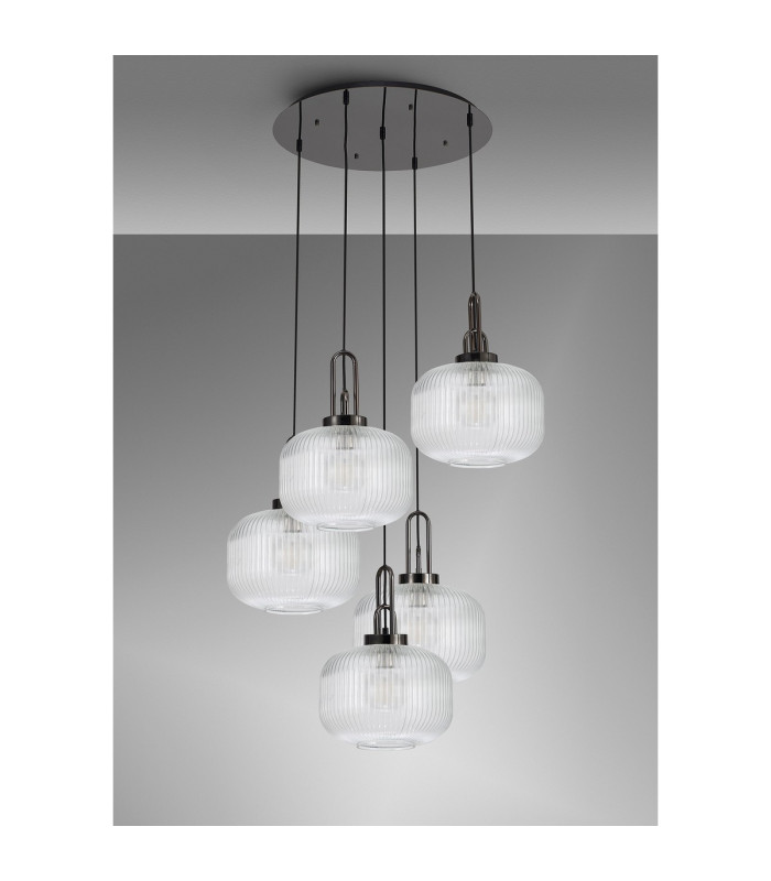 Yorktown 75cm 2.5m Round Pendant 5 x E27 Black Chrome/Matt Black 30cm Pumpkin Shaped Ribbed Clear Glass-10