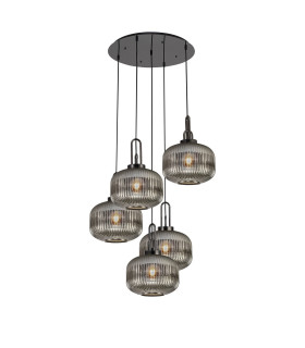 Yorktown 75cm 2.5m Round Pendant 5 x E27 Black Chrome/Matt Black 30cm Pumpkin Shaped Ribbed Smoked Glass-1