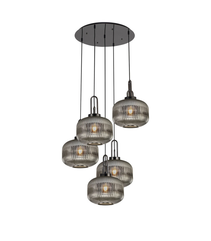 Yorktown 75cm 2.5m Round Pendant 5 x E27 Black Chrome/Matt Black 30cm Pumpkin Shaped Ribbed Smoked Glass-1