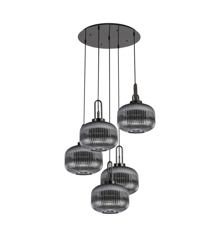 Yorktown 75cm 2.5m Round Pendant 5 x E27 Black Chrome/Matt Black 30cm Pumpkin Shaped Ribbed Smoked Glass-3