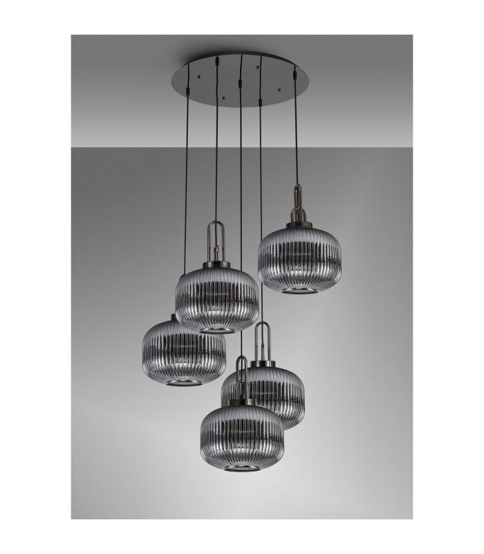 Yorktown 75cm 2.5m Round Pendant 5 x E27 Black Chrome/Matt Black 30cm Pumpkin Shaped Ribbed Smoked Glass-9