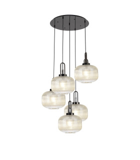 Yorktown 75cm 2.5m Round Pendant 5 x E27 Black Chrome/Matt Black 30cm Pumpkin Shaped Ribbed Champagne Glass-1