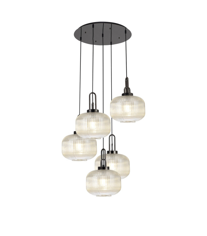 Yorktown 75cm 2.5m Round Pendant 5 x E27 Black Chrome/Matt Black 30cm Pumpkin Shaped Ribbed Champagne Glass-1
