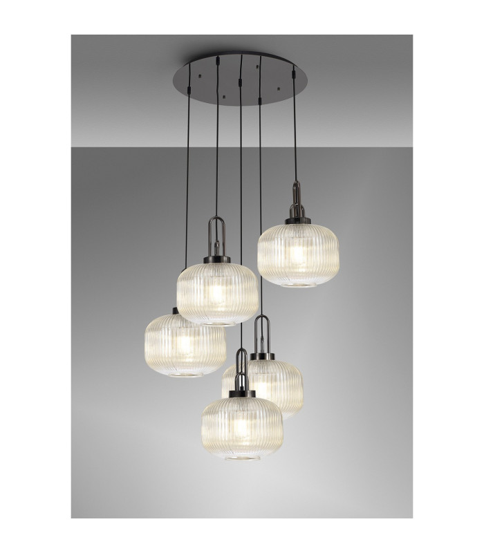 Yorktown 75cm 2.5m Round Pendant 5 x E27 Black Chrome/Matt Black 30cm Pumpkin Shaped Ribbed Champagne Glass-3