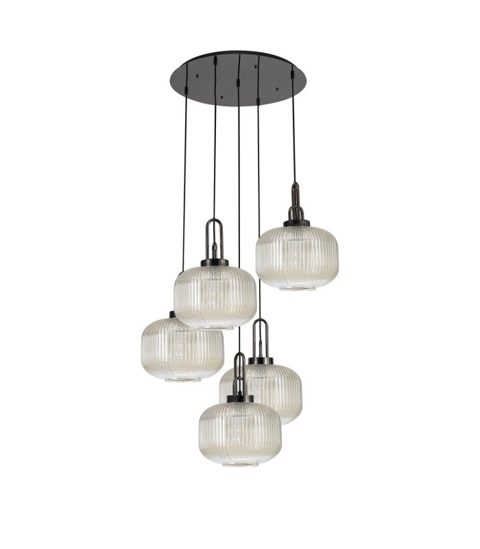 Yorktown 75cm 2.5m Round Pendant 5 x E27 Black Chrome/Matt Black 30cm Pumpkin Shaped Ribbed Champagne Glass-4