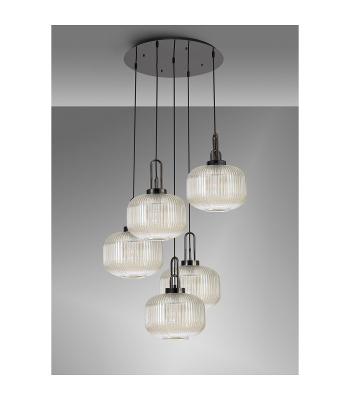 Yorktown 75cm 2.5m Round Pendant 5 x E27 Black Chrome/Matt Black 30cm Pumpkin Shaped Ribbed Champagne Glass-10