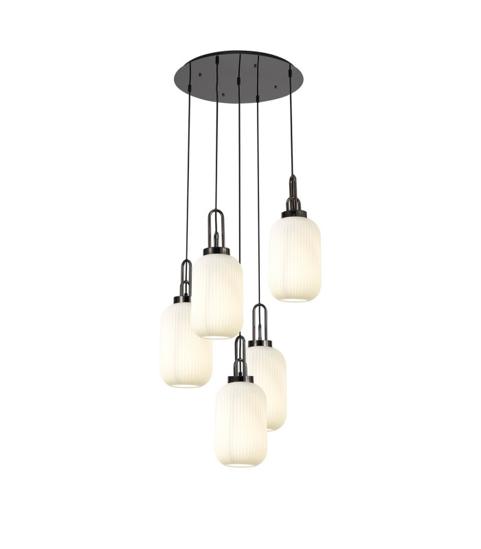 Yorktown 65cm Round 5 Light Pendant 20cm Tubular Ribbed Glass Black Chrome/Matt Black Opal-1