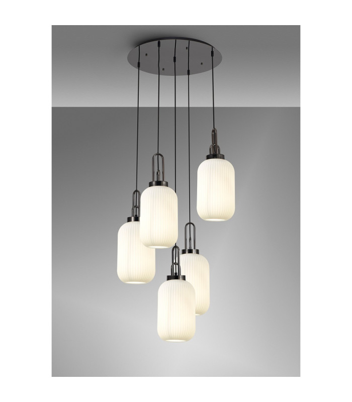 Yorktown 65cm Round 5 Light Pendant 20cm Tubular Ribbed Glass Black Chrome/Matt Black Opal-3