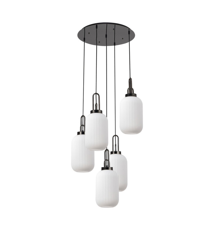 Yorktown 65cm Round 5 Light Pendant 20cm Tubular Ribbed Glass Black Chrome/Matt Black Opal-4