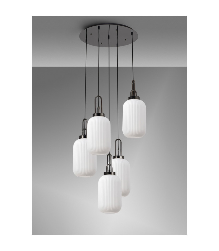 Yorktown 65cm Round 5 Light Pendant 20cm Tubular Ribbed Glass Black Chrome/Matt Black Opal-9