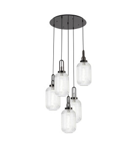 Yorktown 65cm Round 5 Light Pendant 20cm Tubular Ribbed Glass Black Chrome/Matt Black Clear-1