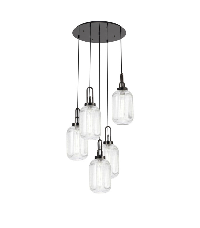 Yorktown 65cm Round 5 Light Pendant 20cm Tubular Ribbed Glass Black Chrome/Matt Black Clear-1