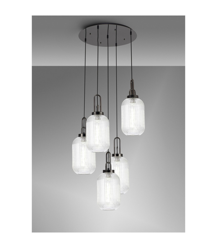 Yorktown 65cm Round 5 Light Pendant 20cm Tubular Ribbed Glass Black Chrome/Matt Black Clear-3