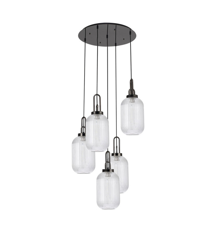 Yorktown 65cm Round 5 Light Pendant 20cm Tubular Ribbed Glass Black Chrome/Matt Black Clear-4