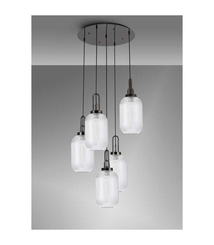Yorktown 65cm Round 5 Light Pendant 20cm Tubular Ribbed Glass Black Chrome/Matt Black Clear-10