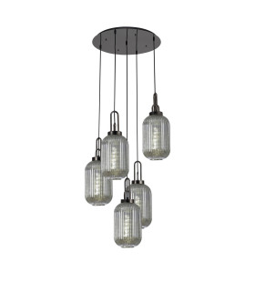 Yorktown 65cm Round 5 Light Pendant 20cm Tubular Ribbed Glass Black Chrome/Matt Black Smoked-1