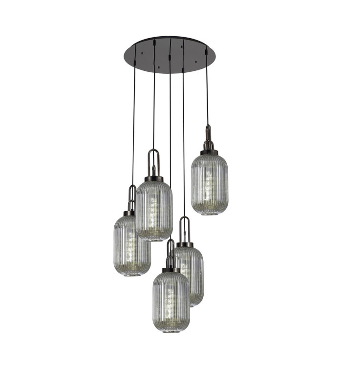 Yorktown 65cm Round 5 Light Pendant 20cm Tubular Ribbed Glass Black Chrome/Matt Black Smoked-1