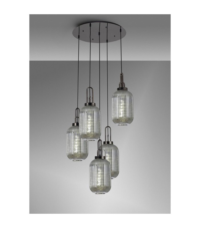 Yorktown 65cm Round 5 Light Pendant 20cm Tubular Ribbed Glass Black Chrome/Matt Black Smoked-3