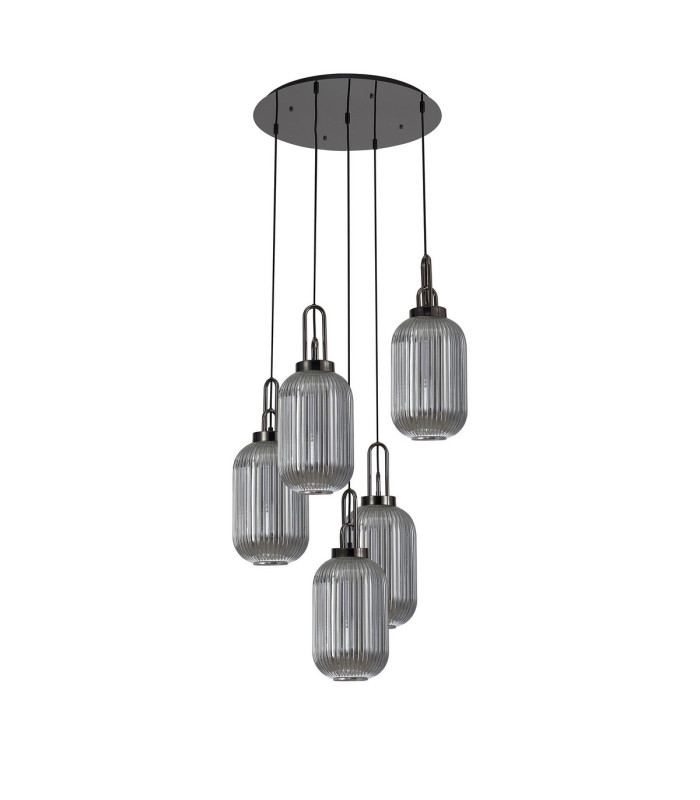 Yorktown 65cm Round 5 Light Pendant 20cm Tubular Ribbed Glass Black Chrome/Matt Black Smoked-4
