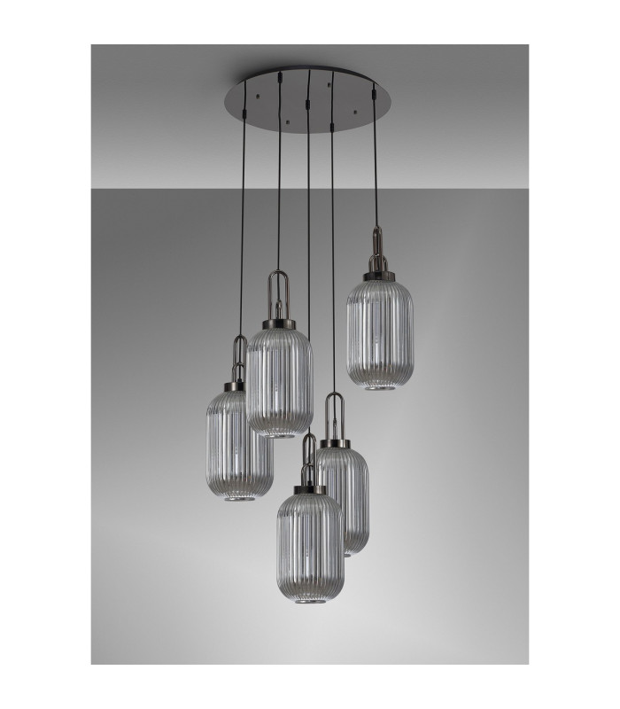 Yorktown 65cm Round 5 Light Pendant 20cm Tubular Ribbed Glass Black Chrome/Matt Black Smoked-10