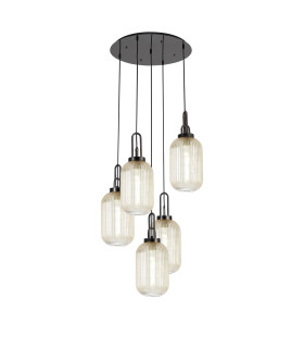 Yorktown 65cm Round 5 Light Pendant 20cm Tubular Ribbed Glass Black Chrome/Matt Black Champagne-1