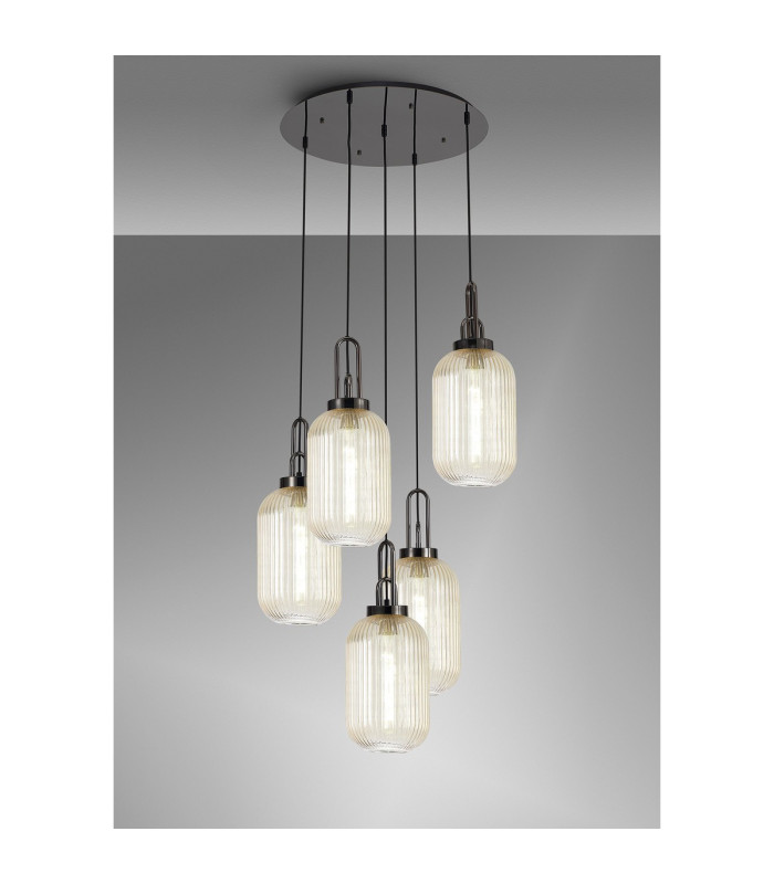 Yorktown 65cm Round 5 Light Pendant 20cm Tubular Ribbed Glass Black Chrome/Matt Black Champagne-3