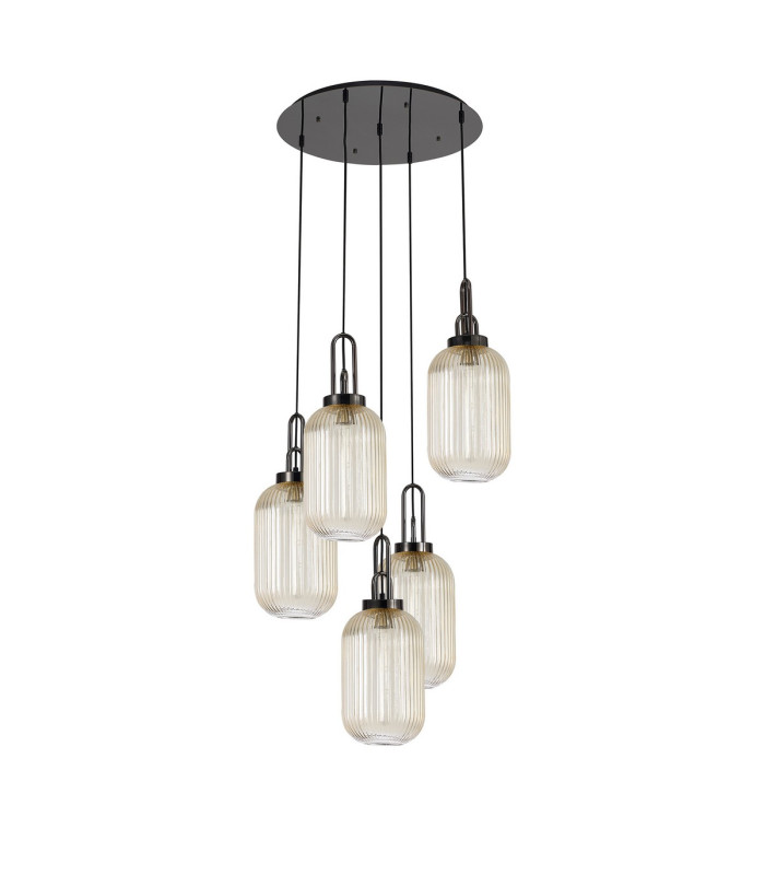 Yorktown 65cm Round 5 Light Pendant 20cm Tubular Ribbed Glass Black Chrome/Matt Black Champagne-4