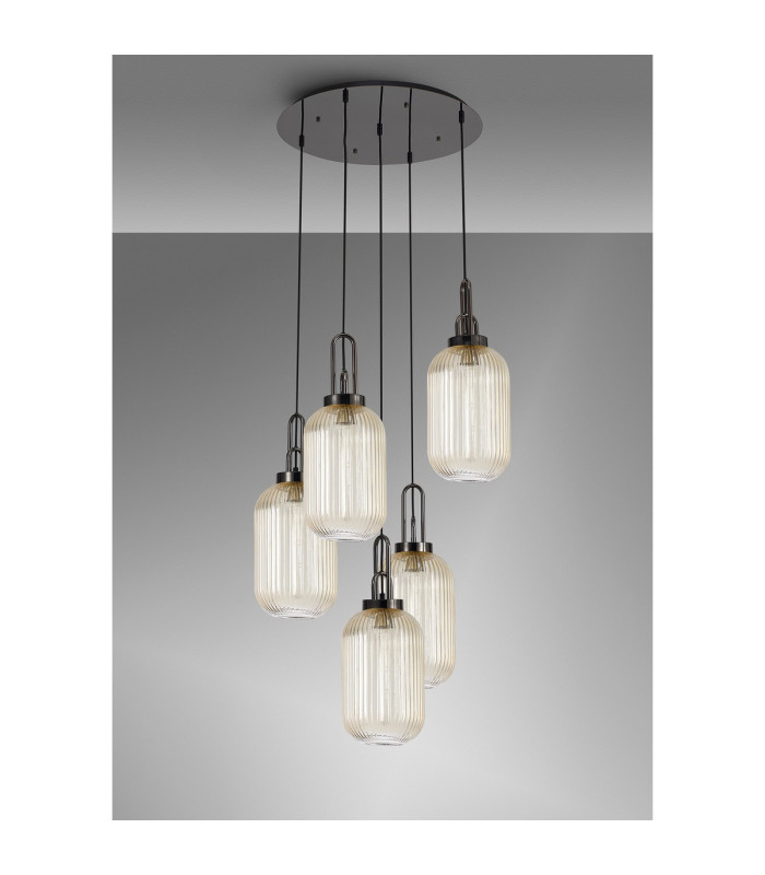 Yorktown 65cm Round 5 Light Pendant 20cm Tubular Ribbed Glass Black Chrome/Matt Black Champagne-10