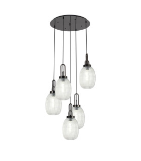 Yorktown 65cm Round 5 Light Pendant 20cm Almond Ribbed Glass Black Chrome/Matt Black Clear-1