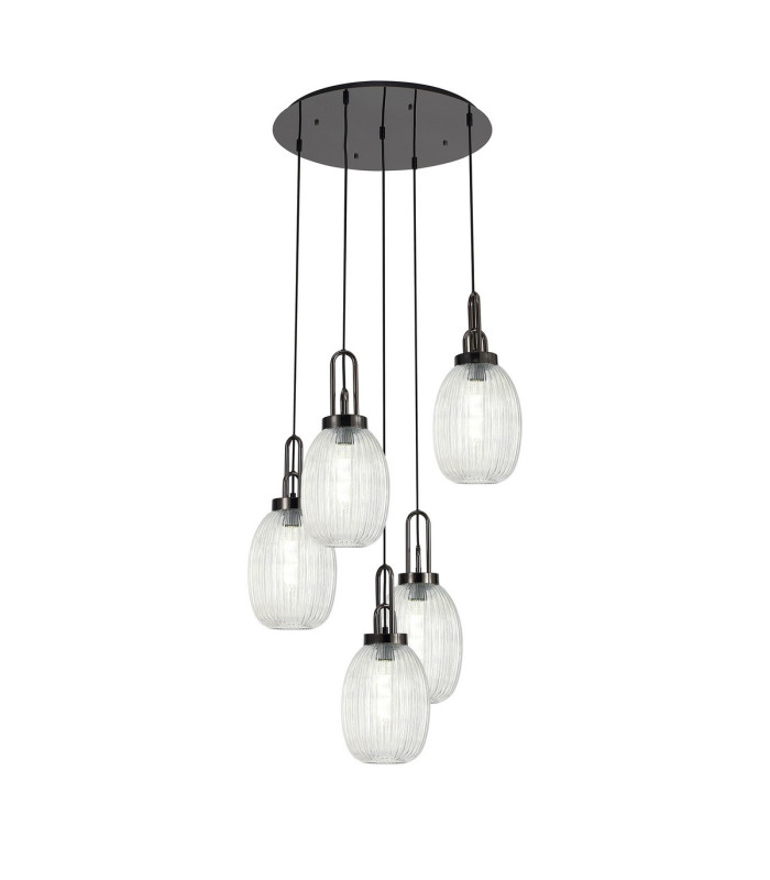 Yorktown 65cm Round 5 Light Pendant 20cm Almond Ribbed Glass Black Chrome/Matt Black Clear-1