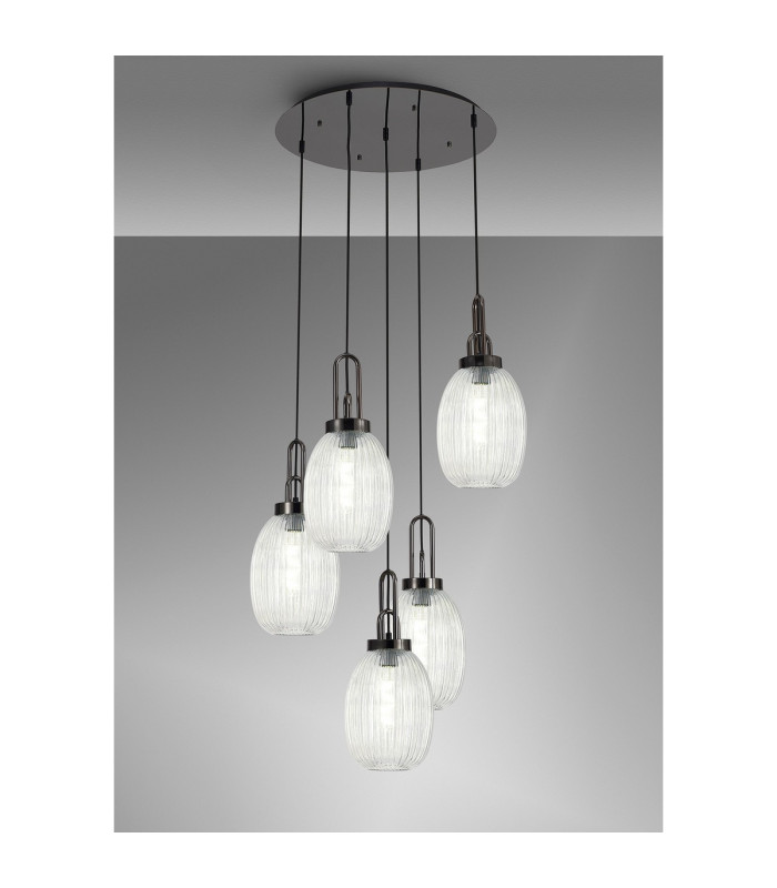 Yorktown 65cm Round 5 Light Pendant 20cm Almond Ribbed Glass Black Chrome/Matt Black Clear-3