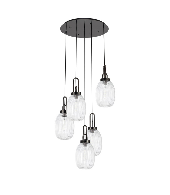 Yorktown 65cm Round 5 Light Pendant 20cm Almond Ribbed Glass Black Chrome/Matt Black Clear-4