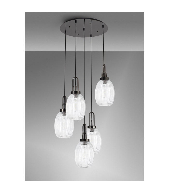 Yorktown 65cm Round 5 Light Pendant 20cm Almond Ribbed Glass Black Chrome/Matt Black Clear-9