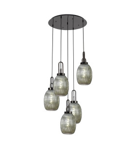 Yorktown 65cm Round 5 Light Pendant 20cm Almond Ribbed Glass Black Chrome/Matt Black Smoked-1