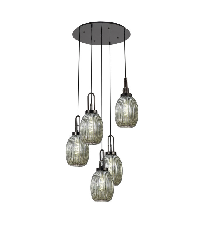 Yorktown 65cm Round 5 Light Pendant 20cm Almond Ribbed Glass Black Chrome/Matt Black Smoked-1