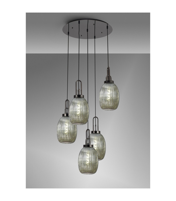 Yorktown 65cm Round 5 Light Pendant 20cm Almond Ribbed Glass Black Chrome/Matt Black Smoked-3