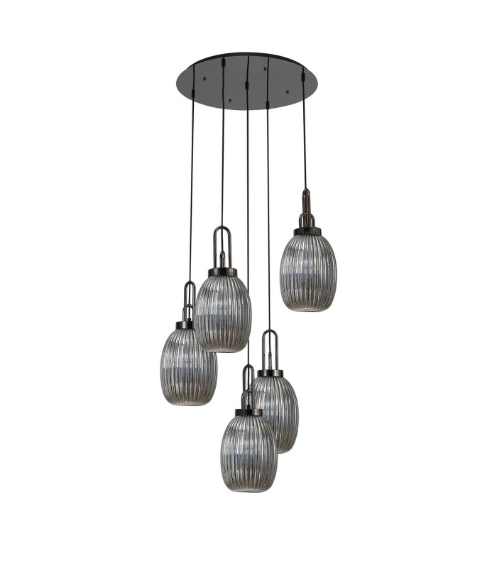 Yorktown 65cm Round 5 Light Pendant 20cm Almond Ribbed Glass Black Chrome/Matt Black Smoked-4