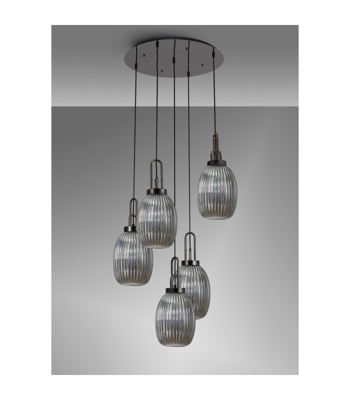 Yorktown 65cm Round 5 Light Pendant 20cm Almond Ribbed Glass Black Chrome/Matt Black Smoked-9