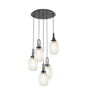 Yorktown 65cm Round 5 Light Pendant 20cm Almond Ribbed Glass Black Chrome/Matt Black Champagne-1