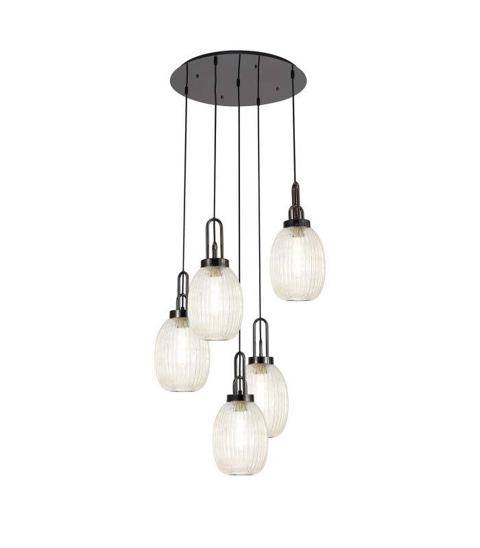 Yorktown 65cm Round 5 Light Pendant 20cm Almond Ribbed Glass Black Chrome/Matt Black Champagne-1