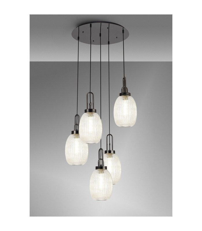 Yorktown 65cm Round 5 Light Pendant 20cm Almond Ribbed Glass Black Chrome/Matt Black Champagne-3