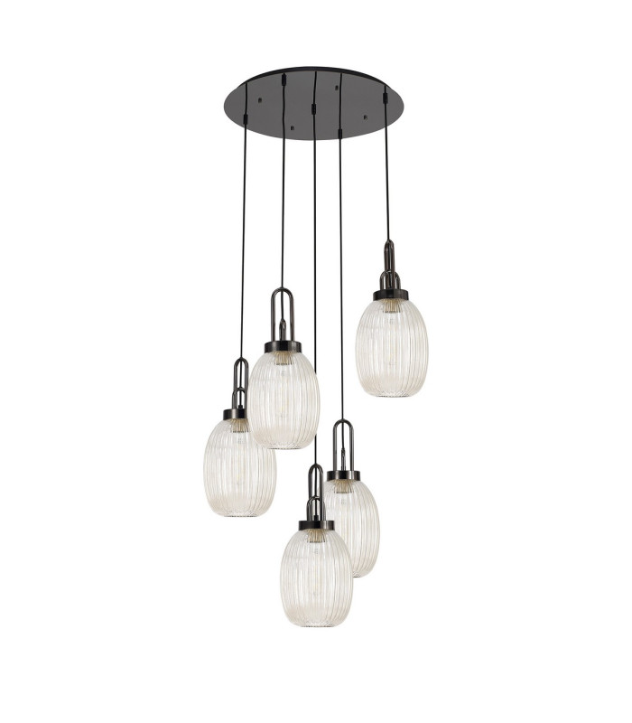 Yorktown 65cm Round 5 Light Pendant 20cm Almond Ribbed Glass Black Chrome/Matt Black Champagne-4