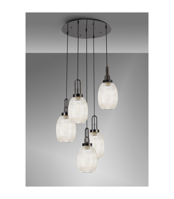 Yorktown 65cm Round 5 Light Pendant 20cm Almond Ribbed Glass Black Chrome/Matt Black Champagne-10