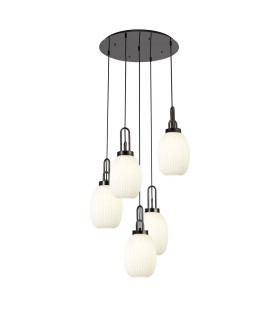 Yorktown 65cm Round 5 Light Pendant 20cm Almond Ribbed Glass Black Chrome/Matt Black Opal-1