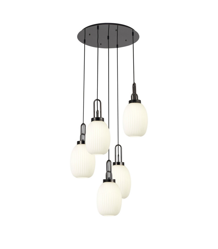 Yorktown 65cm Round 5 Light Pendant 20cm Almond Ribbed Glass Black Chrome/Matt Black Opal-1